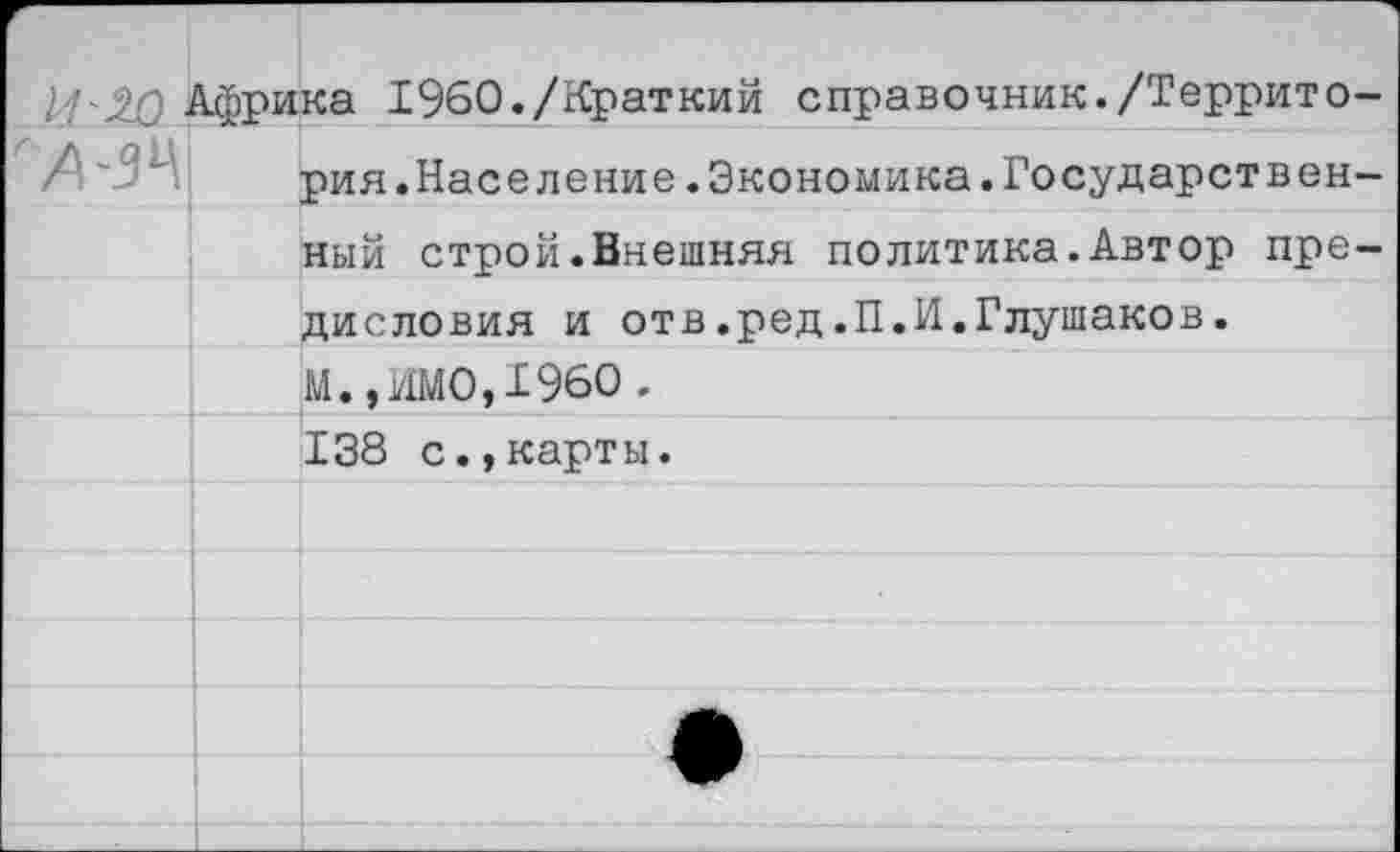 ﻿11'20 Африка 1960./Краткий справочник./Террито-рия.Население.Экономика.Государственный строй.Внешняя политика.Автор предисловия и отв.ред.П.И.Глушаков.
М.,ИМО,1960 .
138 с.,карты.